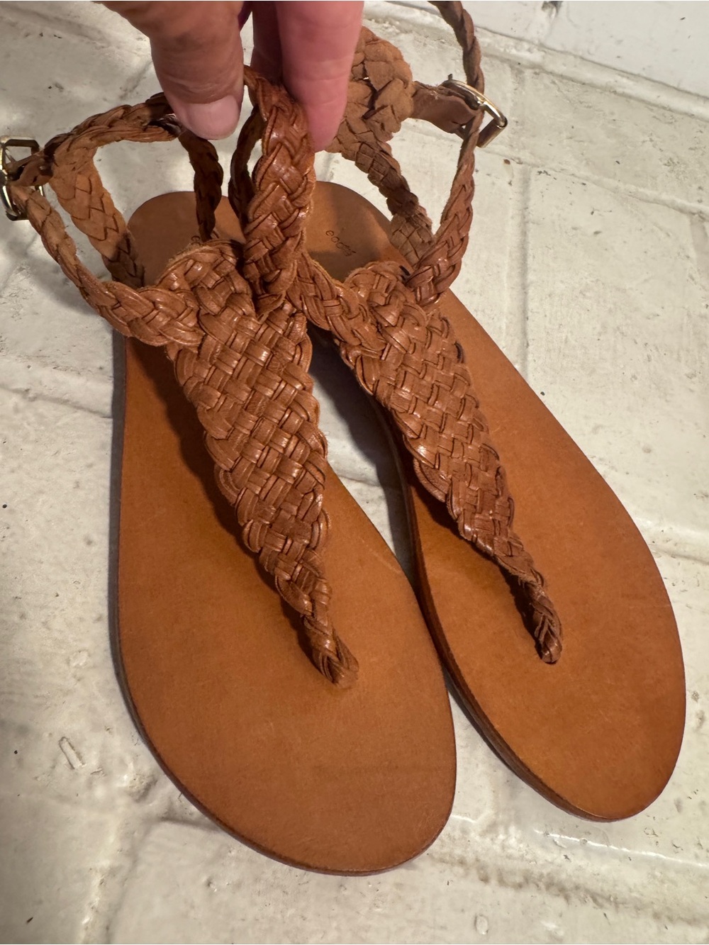 Ecoté Cognac Leather Braided T-Strap Sandals Size 9